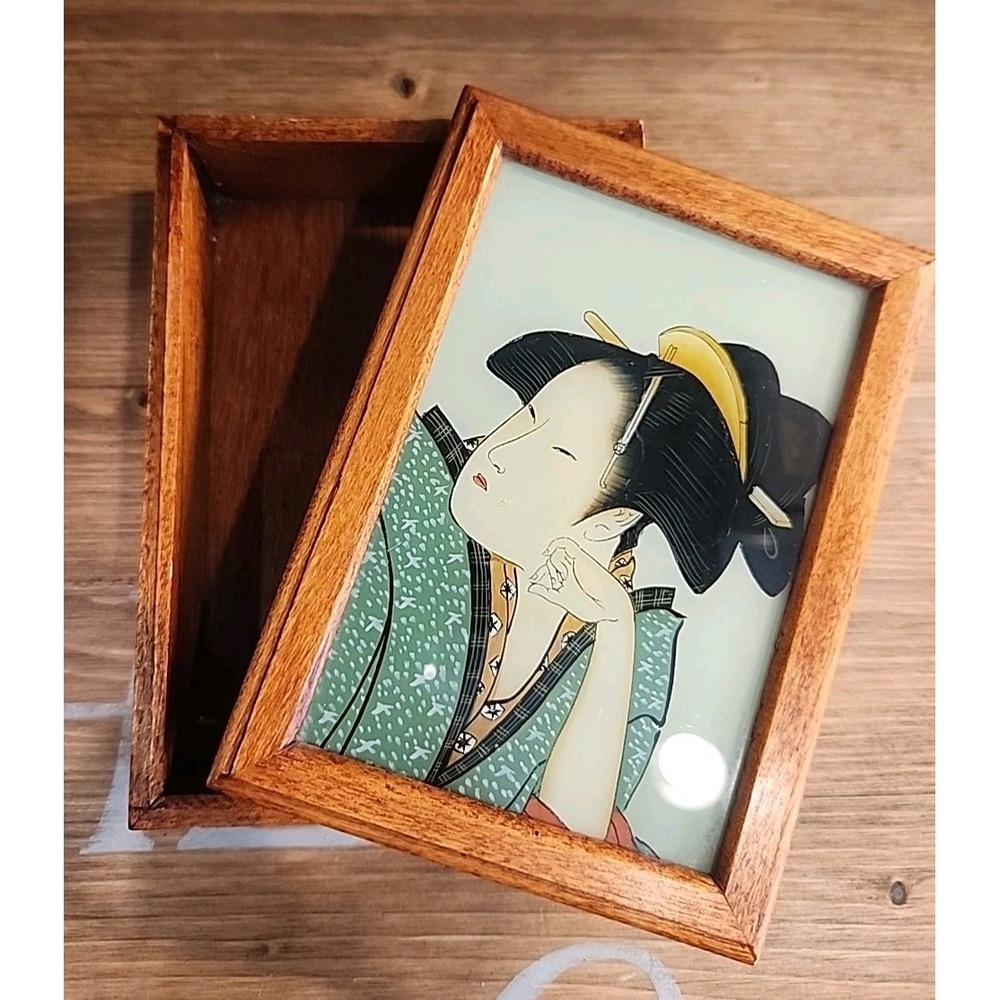 Geisha Girl  Asian Art  Trinket Jewelry Wood Box  6 In X 4 In & Playing Cards‎ - Picture 3 of 9